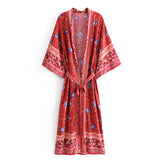 Boho Robe, Kimono Robe,  Beach Cover up, Red Wild Flower