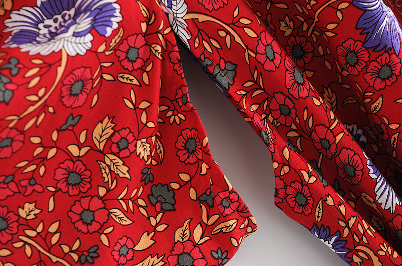 Boho Robe, Kimono Robe,  Beach Cover up, Red Wild Flower