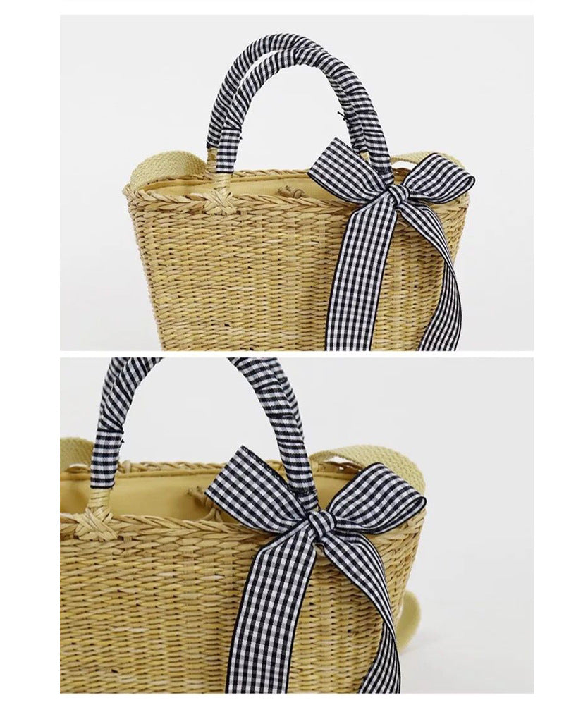 Boho Bag, Woven Straw Basket Bag, Rattan Bag, Blue Plaid Ribbon