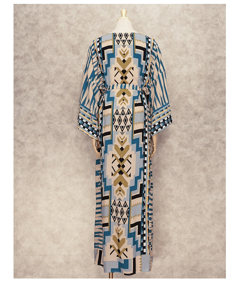 Boho Robe, Cover Up, Blue Brick Tribal Gown - Wild Rose Boho