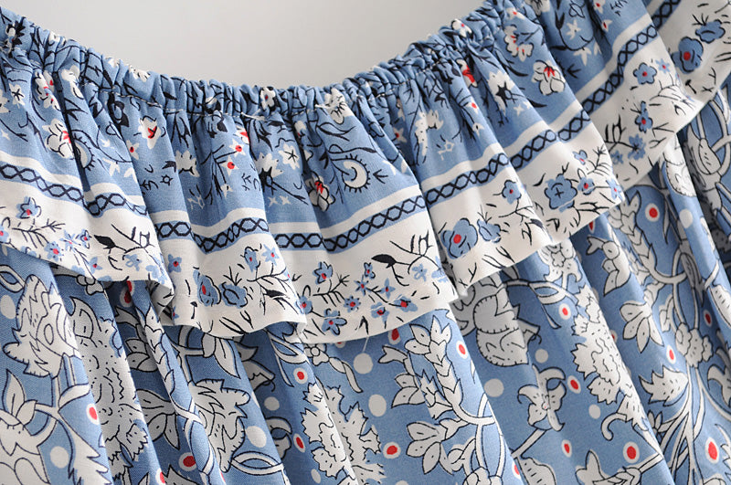 Boho 2 Piece Set, Matching Crop Top and Skirt, Wild Flower Blue Sky - Wild Rose Boho