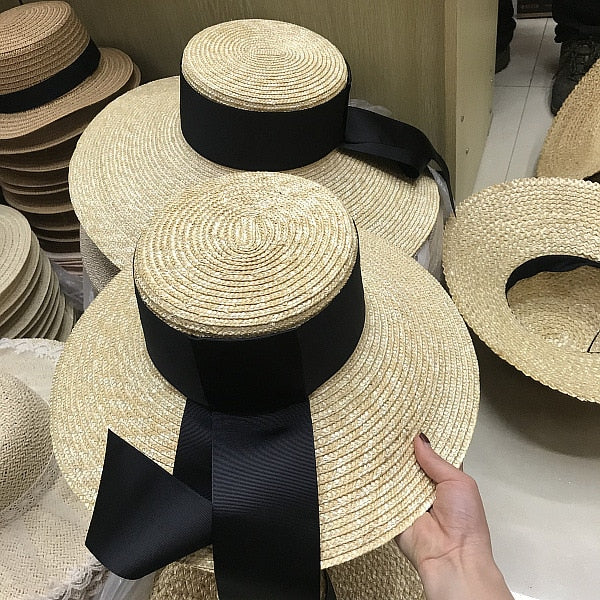 Boho Hat, Sun Hat, Beach Hat, Wide Brim Straw Hat, Vintage Big Black Ribbon - Wild Rose Boho