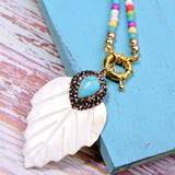 Boho Necklace, Blue Colorful Leaf Shell - Wild Rose Boho