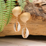 Boho Earrings, Dangle Earrings, Natural Shell Cowrie White Gold - Wild Rose Boho