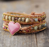 Boho Bracelet, 3 Layers Leather Wrap Bracelet, Jasper Rhodonite Heart