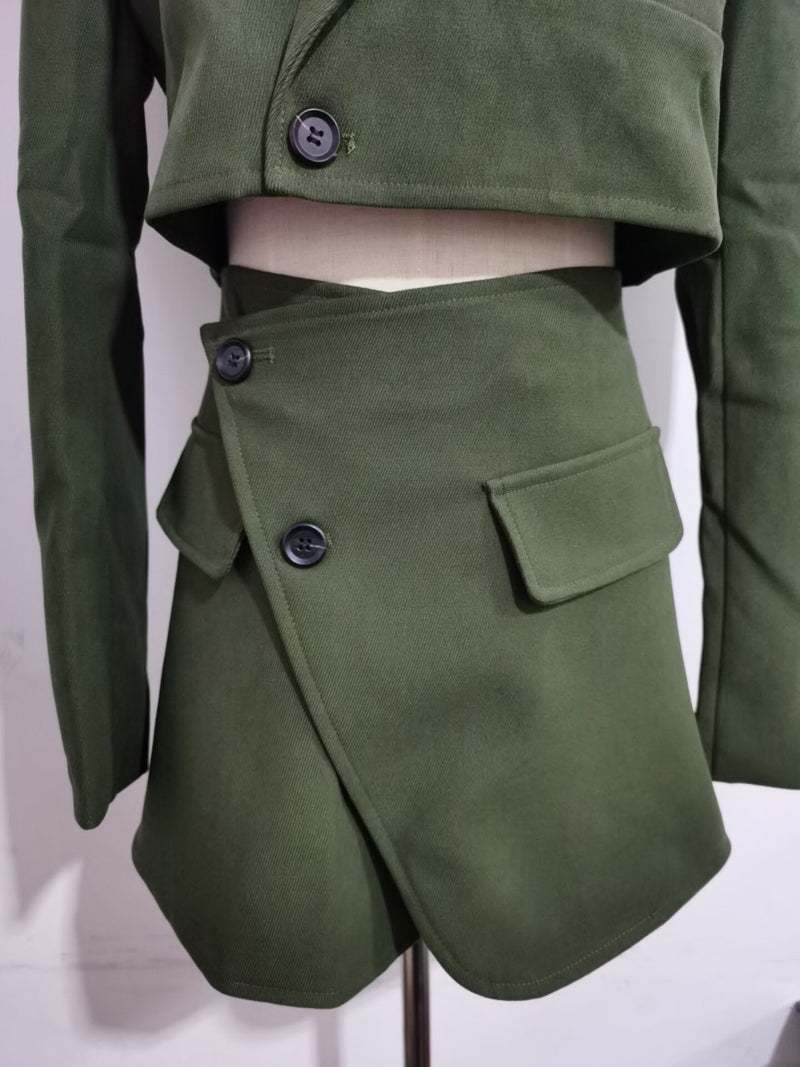 Vintage 2 Piece Set, Matching Crop Blazer and Mini Skirt, Mia Army Green - Wild Rose Boho