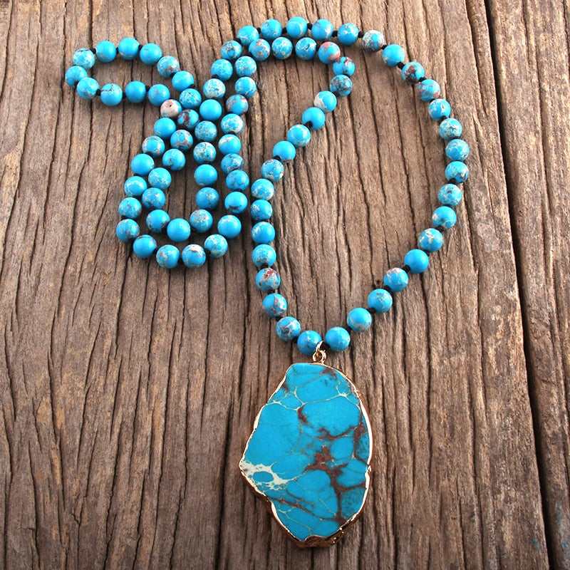 Boho Necklace, RH Turquoise Natural Stone in Blue and Green