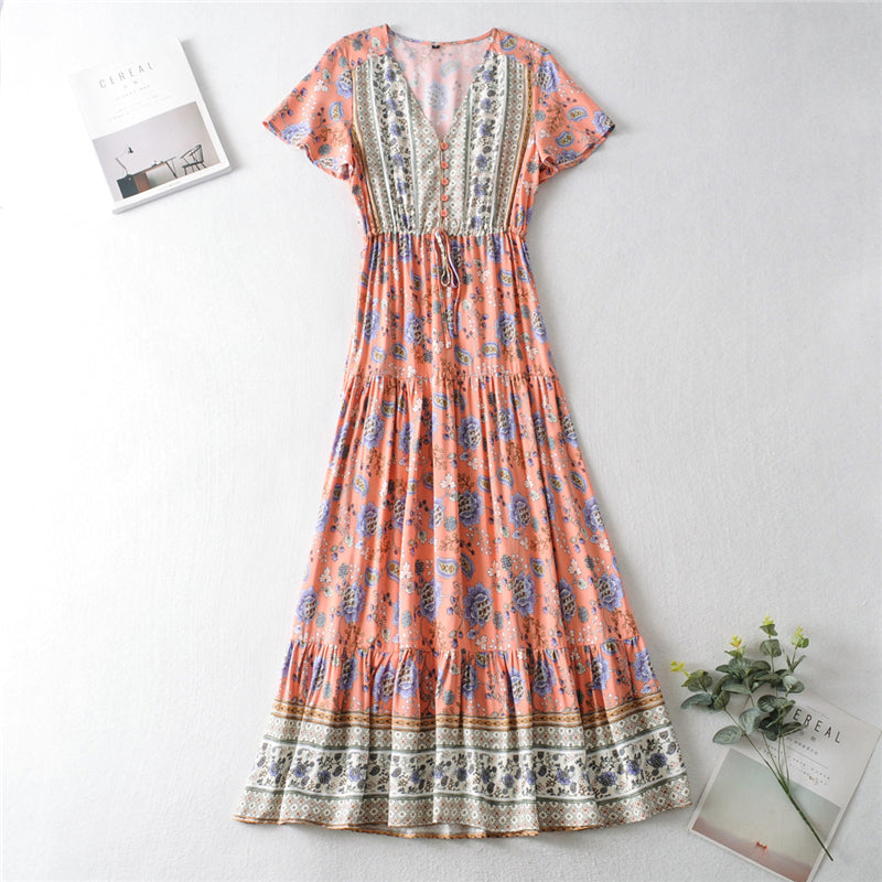 Boho Sundress – “Pink Calla” Lightweight Maxi Dress in Soft Blue Flora ...