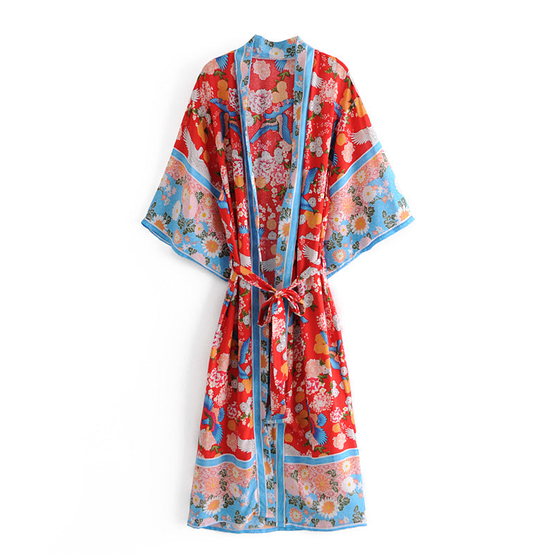 Boho Robe, Kimono Robe, Red Peony Blue Bird - Wild Rose Boho