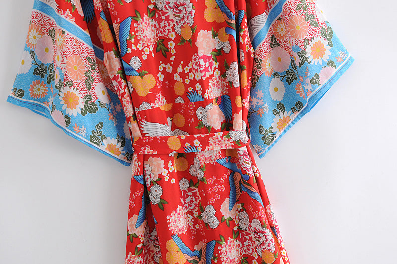 Boho Robe, Kimono Robe, Red Peony Blue Bird - Wild Rose Boho