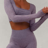 Boho Yoga Set, Printed Workout Set Top and Legging, Long Sleeve in Light Grey and Purple - Wild Rose Boho
