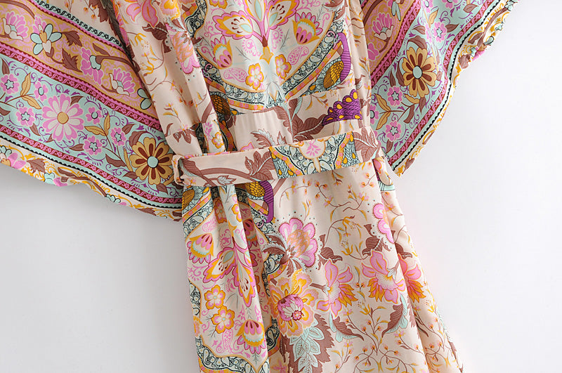 Boho Robe, Kimono Robe, Sweet Vintage Pink Flower - Wild Rose Boho