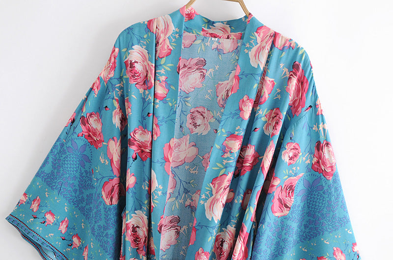 Boho Robe, Kimono Robe, Blue Rosa - Wild Rose Boho