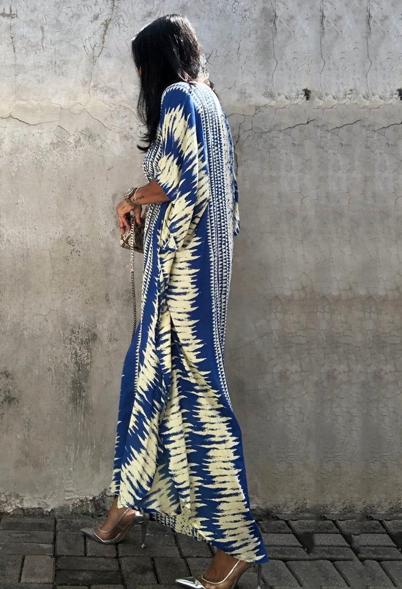 Beach Dress, Cover up Dress,, Kaftan Dress, Blue Tie Dye Print Wild Rose Boho Beach Dress, Cover up Dress,, Kaftan Dress, Blue Tie Dye Print Wild Rose Boho