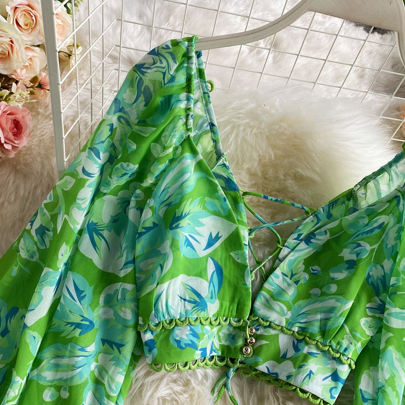 Boho Vintage 2 Piece Set, Matching Crop Top and Mini Skirt, Alibaba in Green, Pink, Yellow - Wild Rose Boho