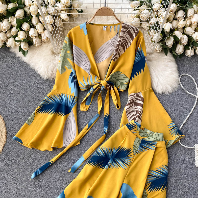 Boho Vintage 2 Piece Set, Matching Crop Top and Palazzo Pant, Leaves in Green, Blue and Yellow - Wild Rose Boho
