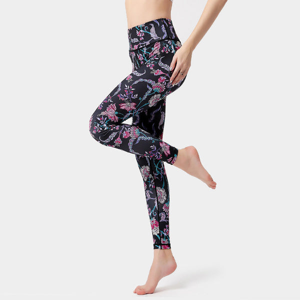 Yoga Legging, Yoga Pants, Boho Legging, Tight with Pocket Forrest in Black Red Flower