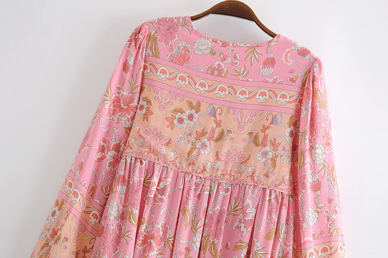 Boho Mini Dress Tunic Dress, Karlie Vintage Pink Rose Pink / M
