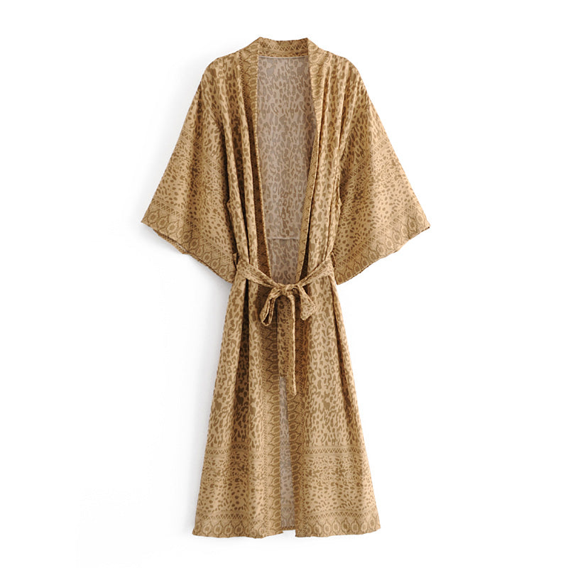 Boho Robe, Kimono Robe, Beach Cover Up, Gold Tiger, Leopard / M