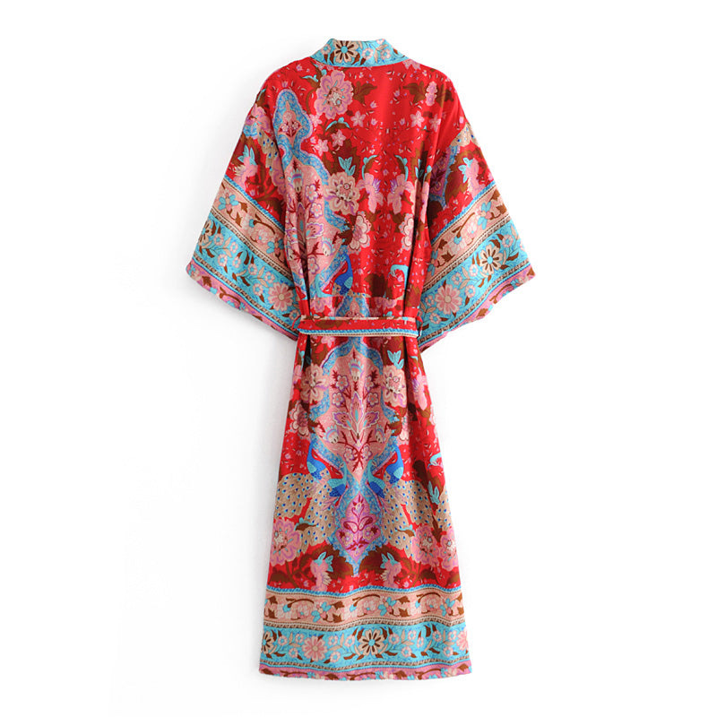 Boho Robe, Kimono Robe, Wild Flower Kelly Red - Wild Rose Boho