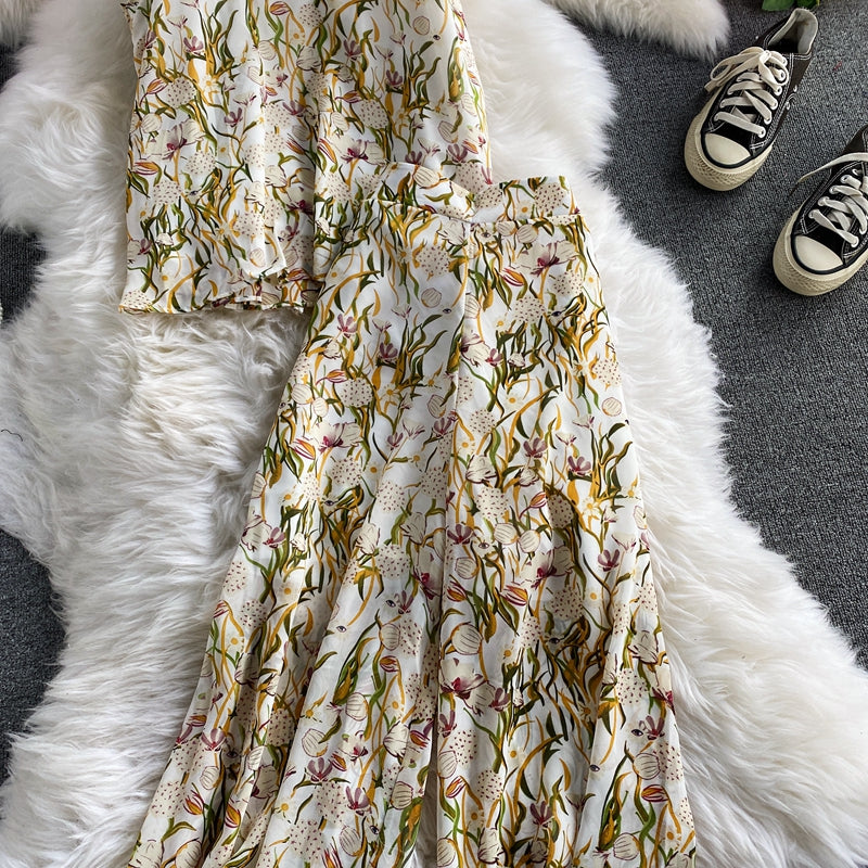Boho Vintage 2 Piece Set, Matching Crop Top and Palazzo Pant, Andrea Sweet Flowerin White, Yellow and Pink - Wild Rose Boho