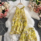 Boho Vintage 2 Piece Set, Matching Crop Top and Palazzo Pant, Andrea Sweet Flowerin White, Yellow and Pink - Wild Rose Boho