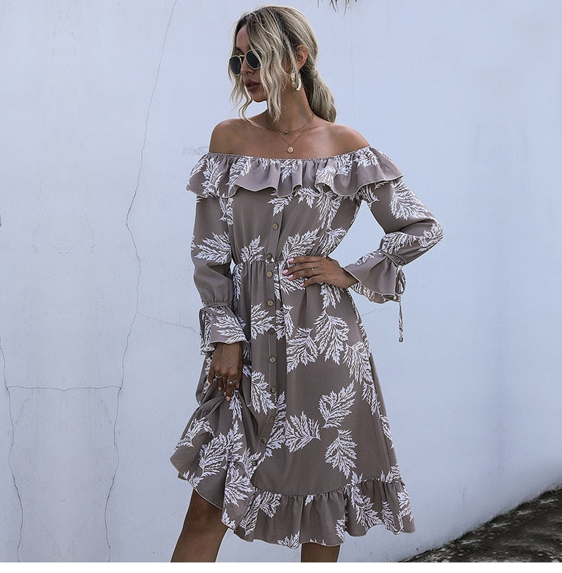 Boho Midi Dress, Off Shoulder Dress, Fall Leaf in Coffee Brown