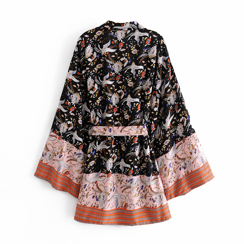 Boho Robe, Kimono Robe, Black Lari Bird - Wild Rose Boho