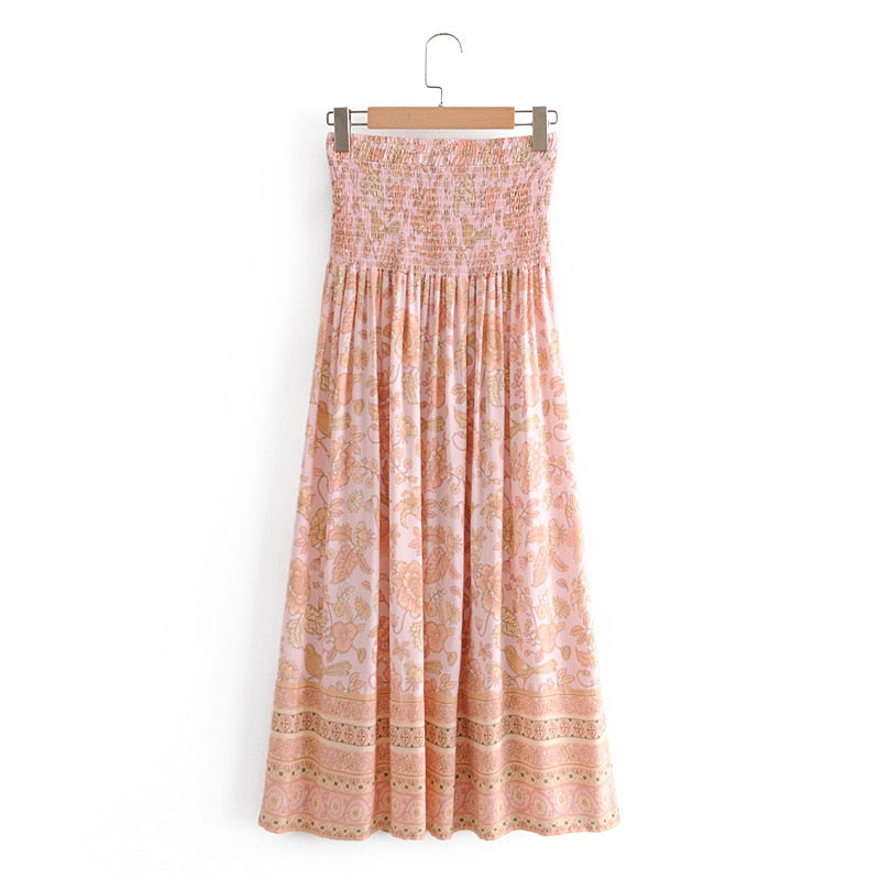 Boho Skirt, Maxi Skirt, Smocked Waist, Bird Garden in Pink Apricot - Wild Rose Boho