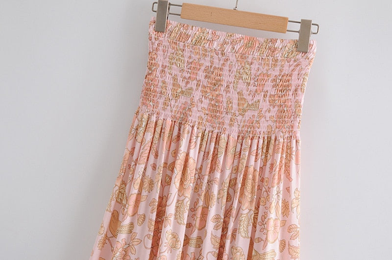 Boho Skirt, Maxi Skirt, Smocked Waist, Bird Garden in Pink Apricot - Wild Rose Boho
