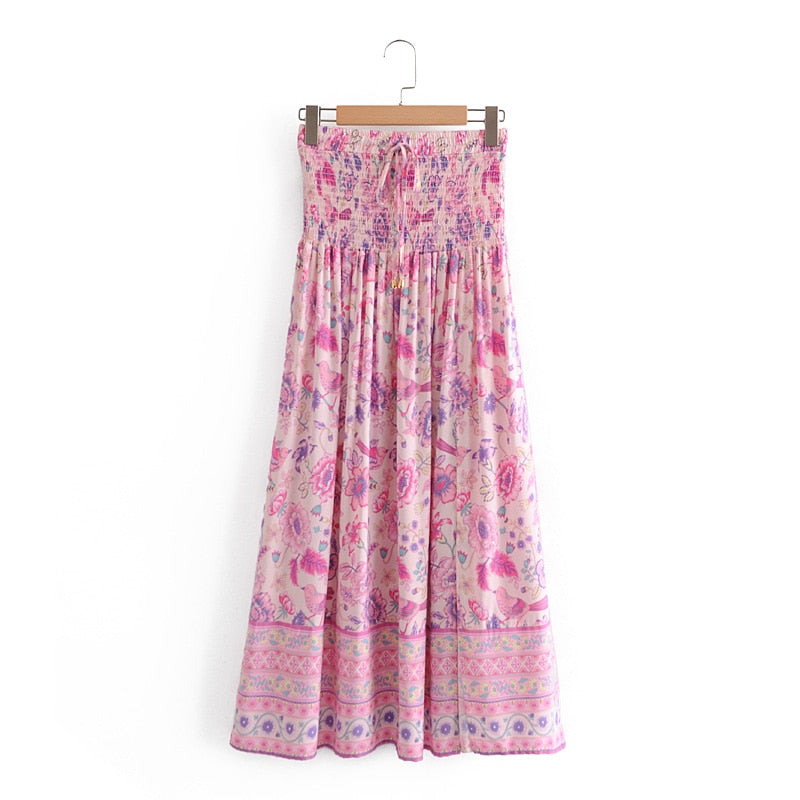Boho Skirt, Maxi Skirt, Smocked Waist, Bird Garden in Pink Purple - Wild Rose Boho