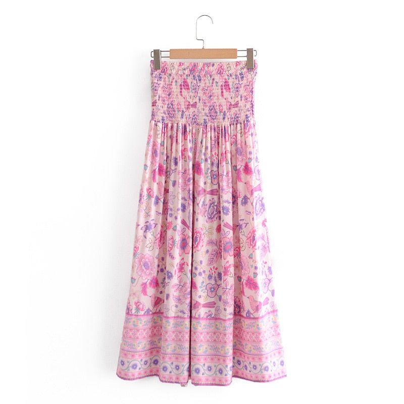 Boho Skirt, Maxi Skirt, Smocked Waist, Bird Garden in Pink Purple - Wild Rose Boho