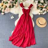 Midi Dress, Boho Vintage Dress, Strappy Smocked Dress, Carmen in Red, Green and Navy - Wild Rose Boho