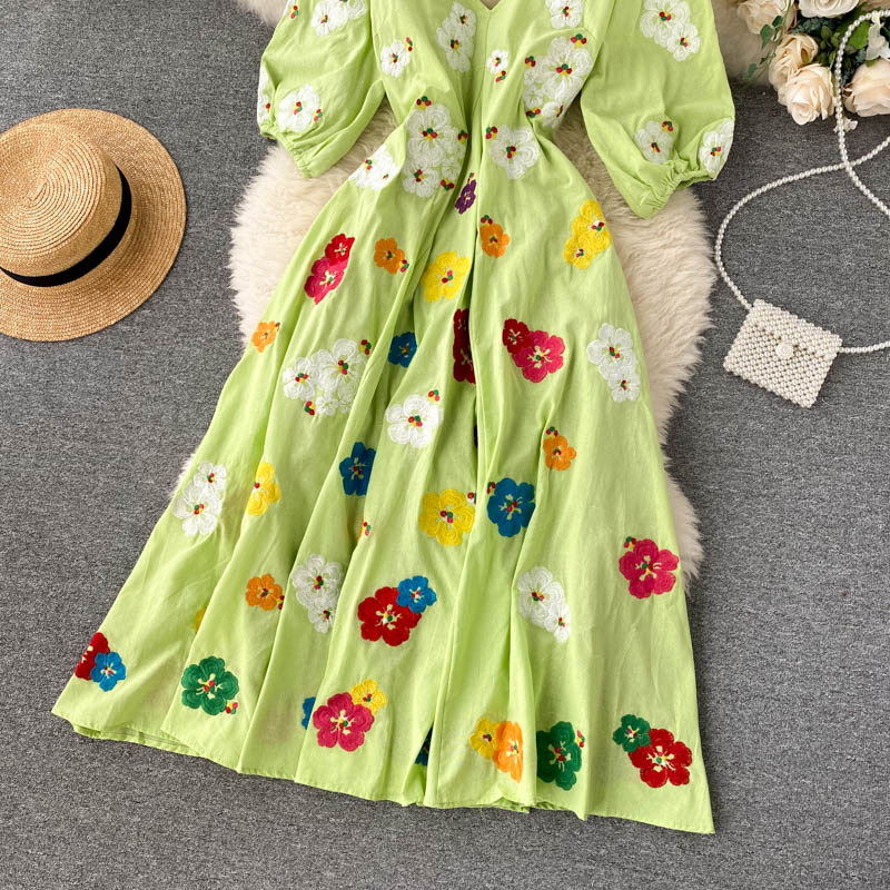 Maxi Dress, Boho Dress, Embroidered Dress, Vintage Green Garden - Wild Rose Boho