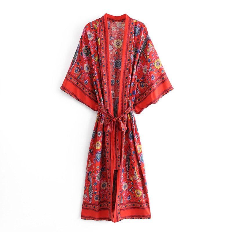 Boho Robe, Kimono Robe,  Beach Cover up, Red Peony Bird