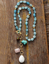 Boho Necklace, Mala Necklace,Blue Aquamarine, Rose Charm, Elegant Lariat - Wild Rose Boho