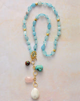 Boho Necklace, Mala Necklace,Blue Aquamarine, Rose Charm, Elegant Lariat - Wild Rose Boho