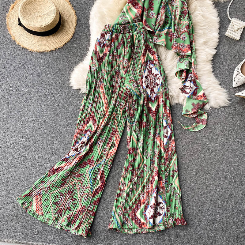 Boho Vintage 2 Piece Set, Matching Top and Pleated Pant, Gypsy Orange and Green - Wild Rose Boho