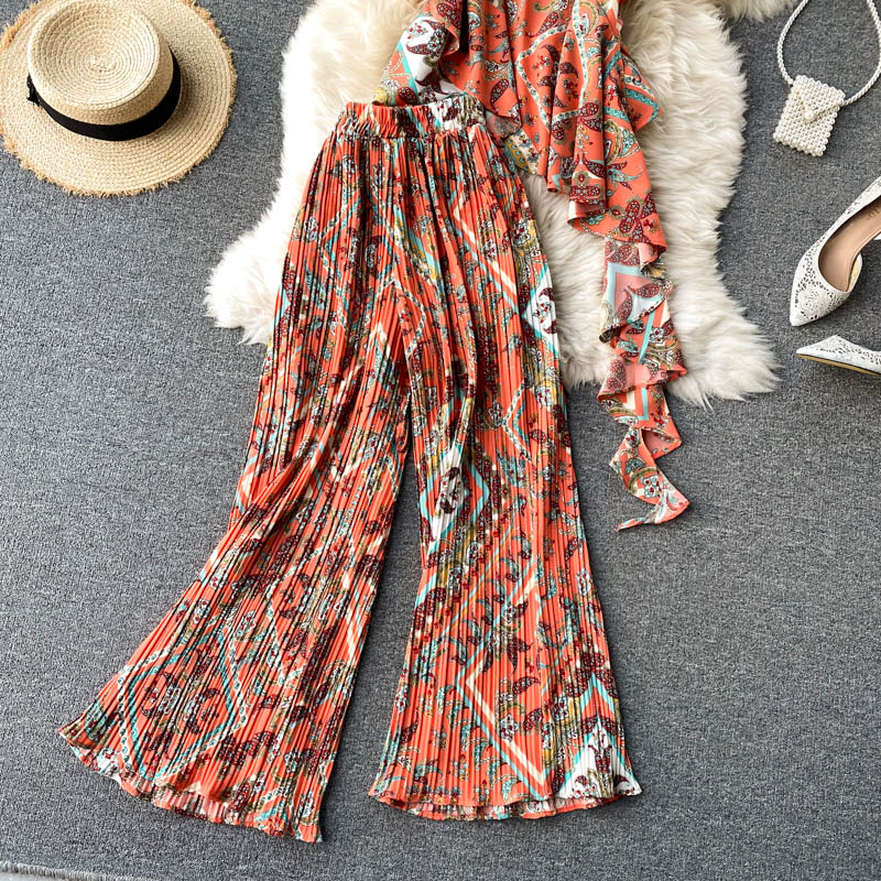 Boho Vintage 2 Piece Set, Matching Top and Pleated Pant, Gypsy Orange and Green - Wild Rose Boho