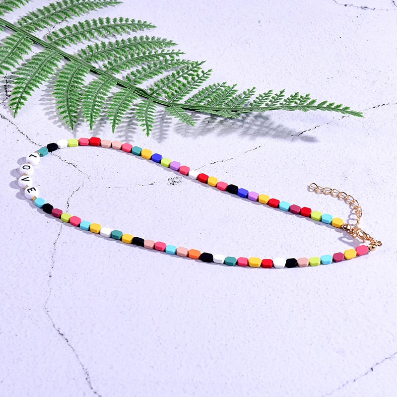 Boho Personalized Custom Necklace, Geometric Beads Choker, Rich Love Lucky Happy
