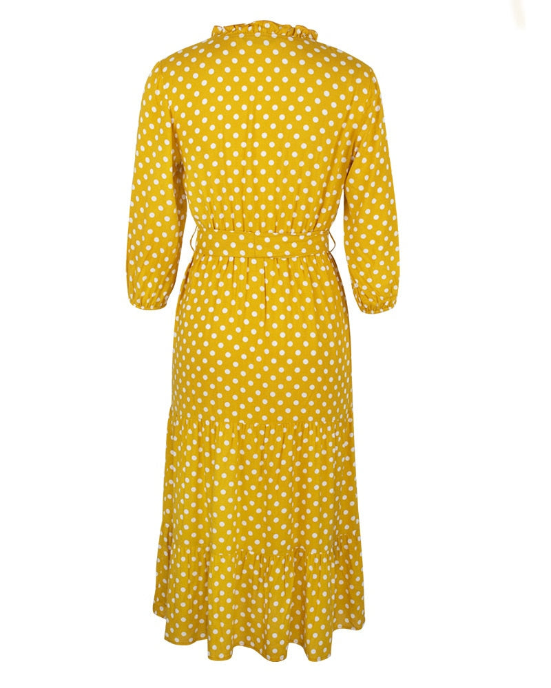 Midi Dress, Boho Dress, Ruffle Polka Dot in Yellow - Wild Rose Boho