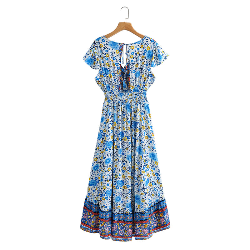 Maxi Dress, Boho Dress, Blue Wild Flower - Wild Rose Boho