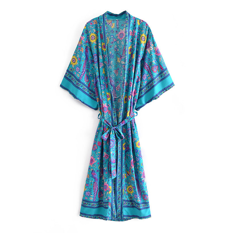 Boho Robe, Kimono Robe,  Beach Cover up, Blue Sea Peony Bird