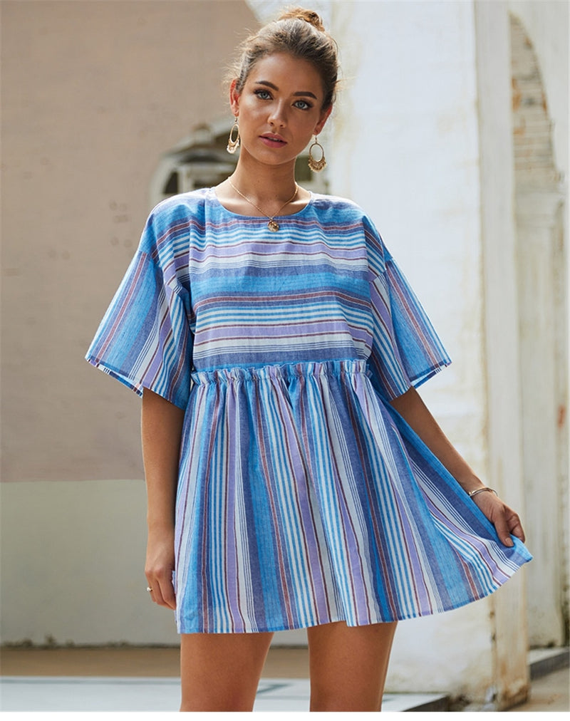 Mini Dress, Boho Dress, Sundress, Cotton Stripe in Blue - Wild Rose Boho