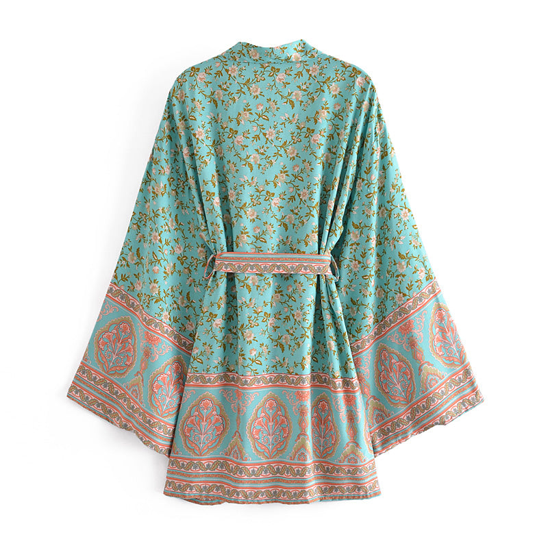 Boho Robe, Kimono Robe, Wild Floral in Mint Green - Wild Rose Boho