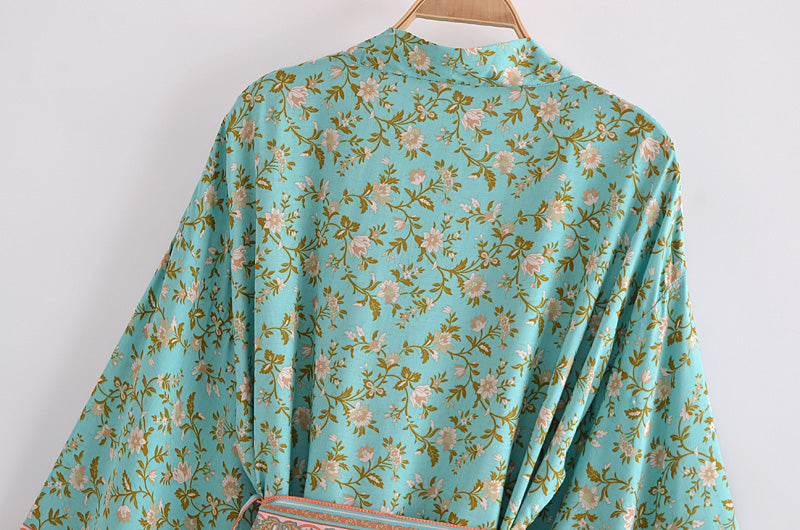 Boho Robe, Kimono Robe, Wild Floral in Mint Green - Wild Rose Boho