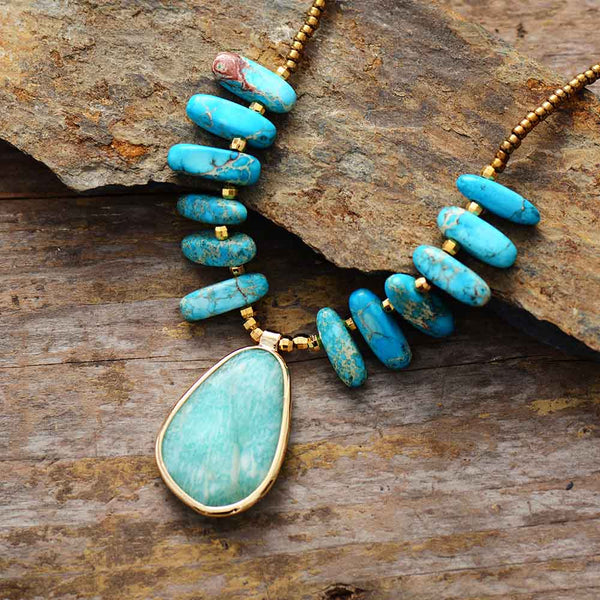 Boho Necklace, Blue Amazonite, Seed Beads Jasper and Amazonite