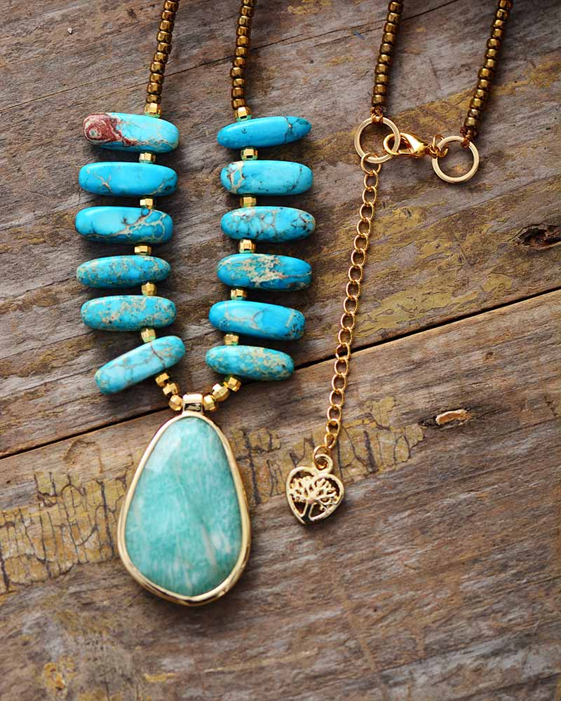 Boho Necklace, Blue Amazonite, Seed Beads Jasper and Amazonite