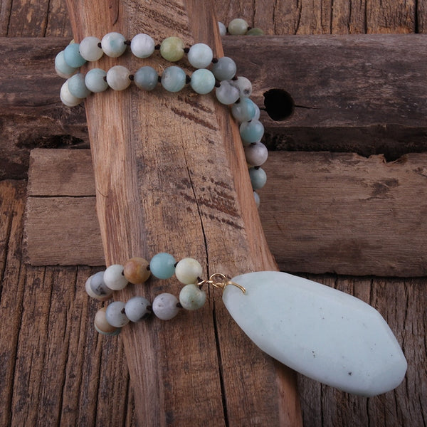 Boho Necklace, RH Rose Quart Amazonite, Oval Blue White Black Natural Stone - Wild Rose Boho