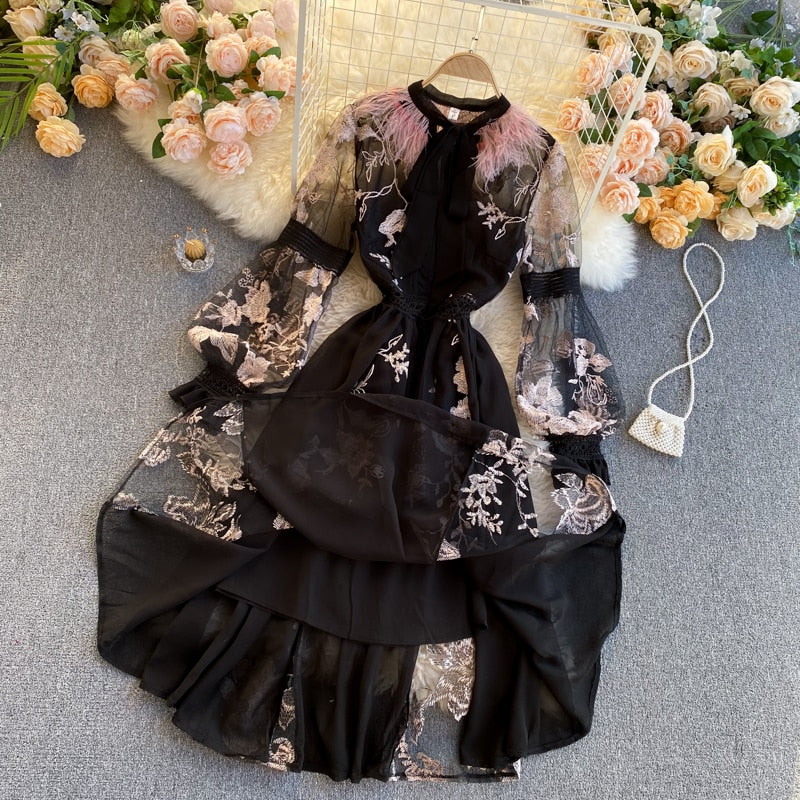Midi Dress, Boho Vintage Dress, Embroidered Dress, Gown, Magnolia Feather in Black - Wild Rose Boho